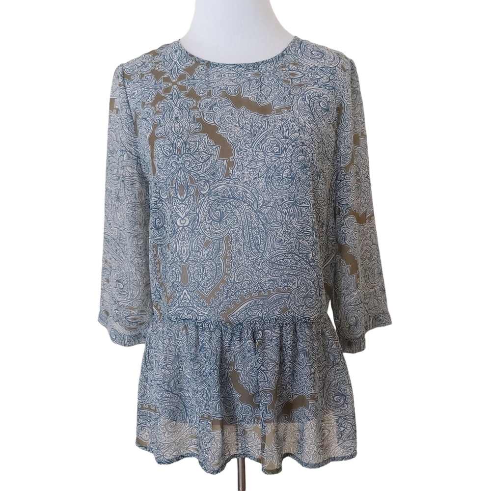 Petticoat Alley Floral Paisley Green Blue White Sheer Peplum Blouse